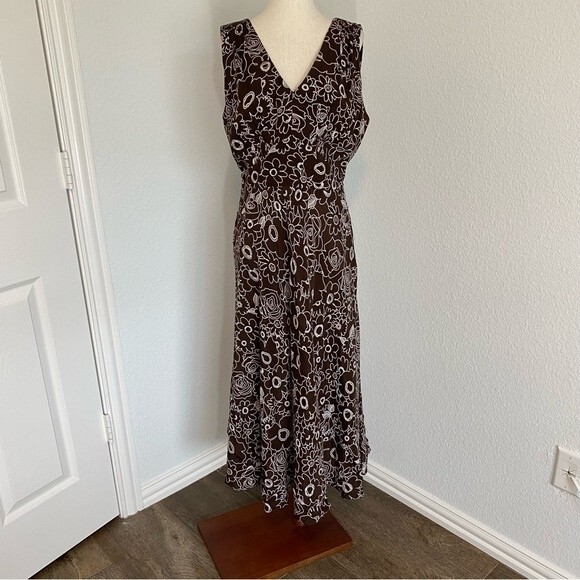 Vintage Sheri Martin Midi Floral Brown White V Neck Criss Cross Size 10 - Picture 3 of 11